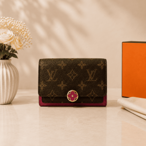 LV Flore 原花拼紅色花卉金釦中夾精品短夾,卡夾924